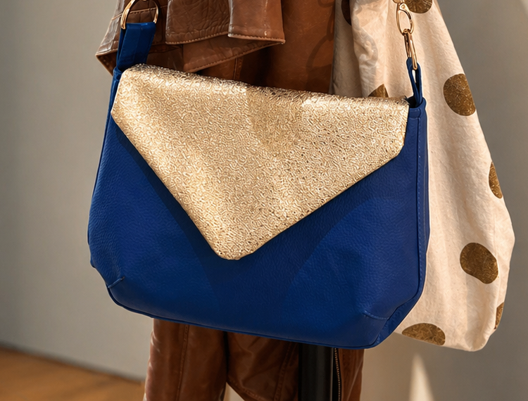 Sac modulable base bleue, rabat doré, rabat interchangeable, rabat amovible, transformable, fabriqué en France, Pont-à-Mousson